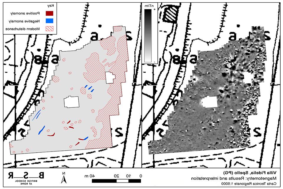 Scans of ground-penetrating radar and magnetometry surveys of the Villa Fidelia, showing placement of potential structures..